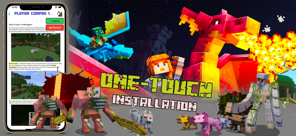 Gráfico promocional de mods de Minecraft MCPE que presenta instalación con un toque y diversas criaturas del juego como dragones y mutantes.