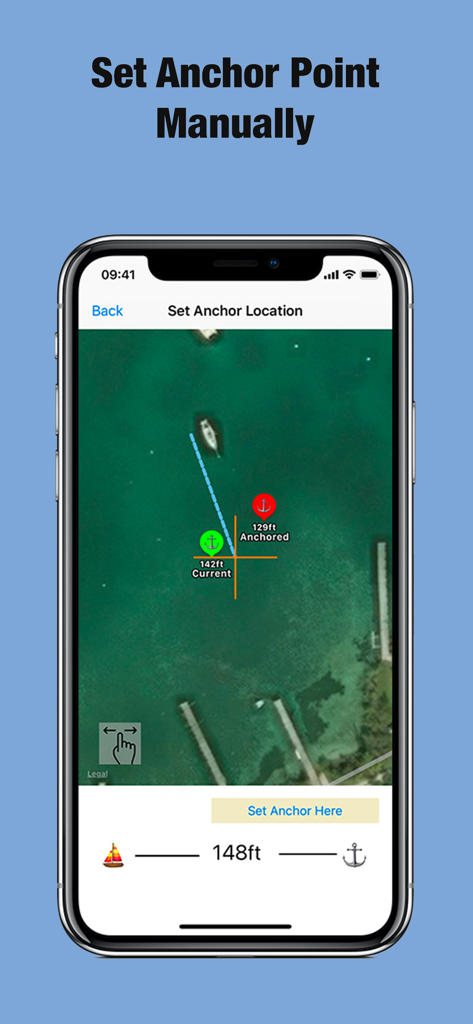 Interface de l'application SafeAnchor montrant une carte satellite avec des marqueurs pour la position actuelle et le réglage manuel du point d'ancrage