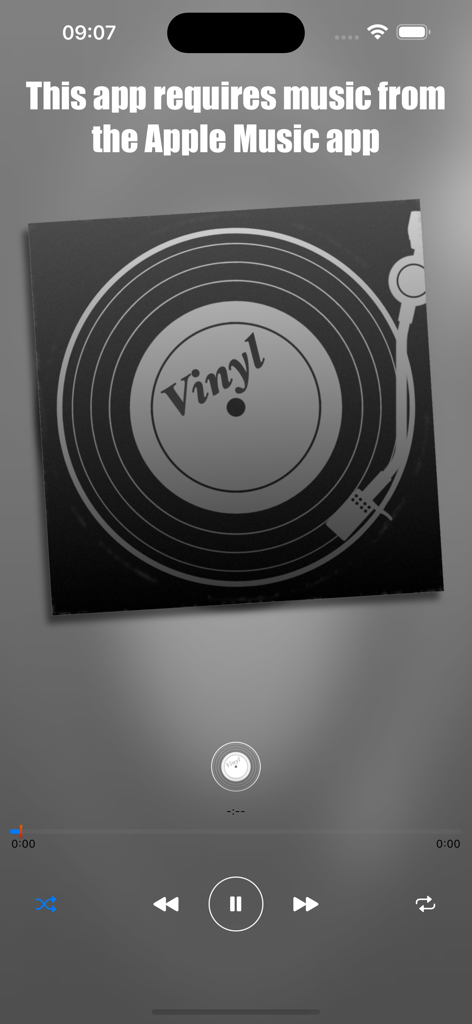 Vinyl Record - Minimalist vinyl record player interface showing a black record and playback controls