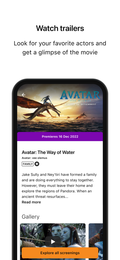 Apollo Kino Eesti - Apollo Kino app screen showing movie details and trailers for Avatar The Way of Water
