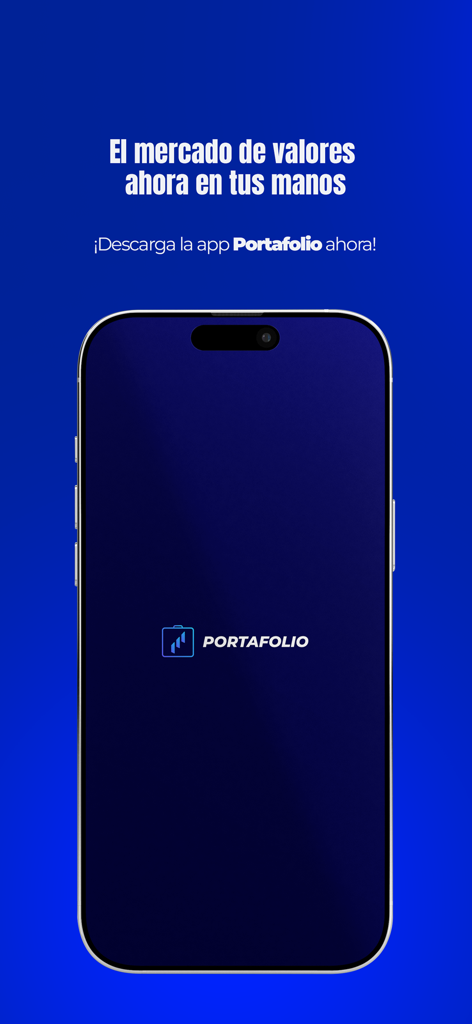 Portafolio Futuro - 당신의 손안에 있는 주식 시장을 설명하는 스페인어 텍스트와 함께 Portafolio Futuro 앱 로고를 보여주는 스마트폰 화면