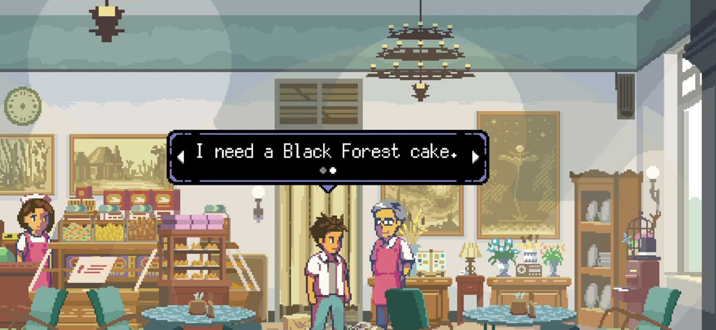 Pixel art game scene in a cozy bakery where a character says I need a Black Forest cake.