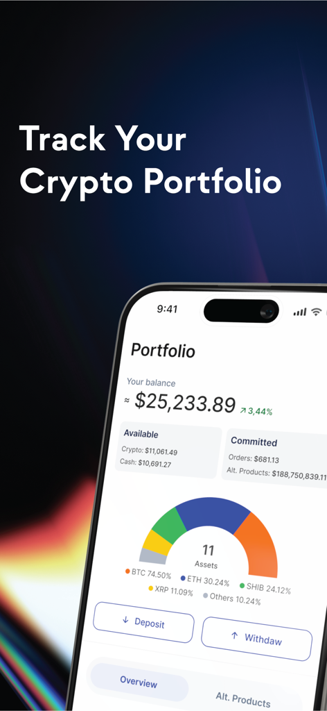 Coinhako mobile app showing a crypto portfolio dashboard with total balance and asset distribution chart
