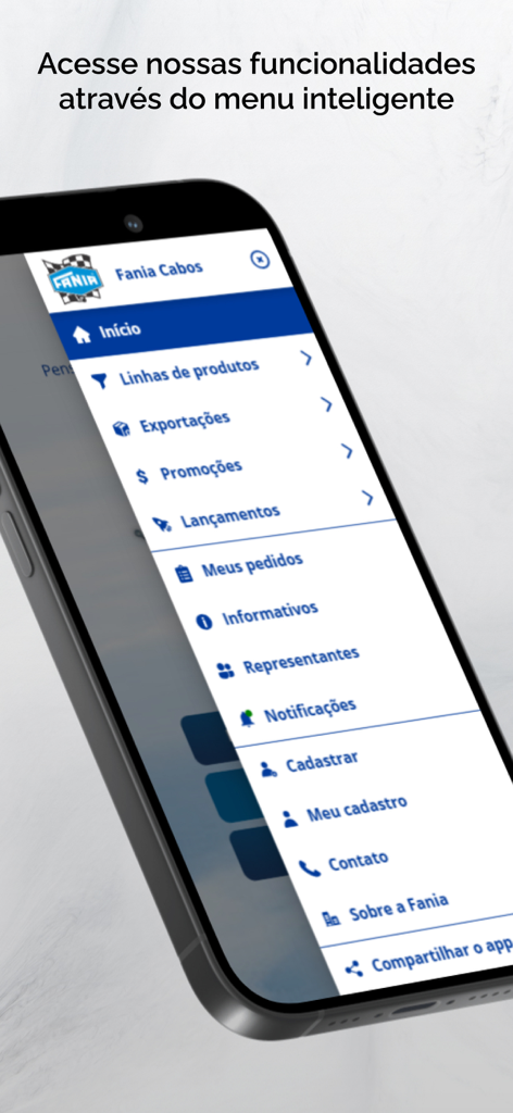 FANIA CABOS - Catálogo - Smartphone exibindo o menu de navegação inteligente do aplicativo de catálogo Fania Cabos