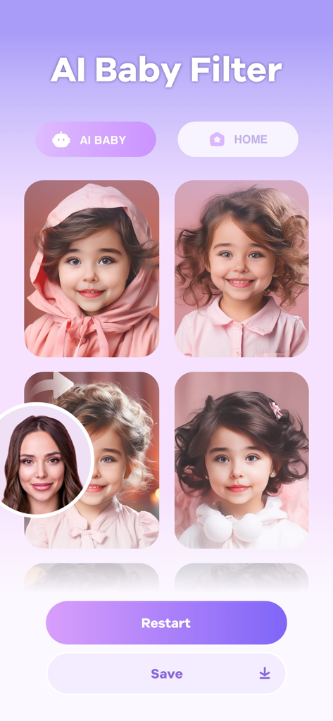 Una interfaz de aplicación móvil que muestra cuatro fotos de bebés generadas por IA basadas en el retrato de una mujer con botones para reiniciar o guardar.