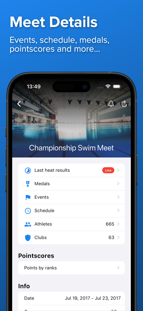 SplashMe - Swim Results - SplashMe app interface showing swim meet details including live results medals events and schedule