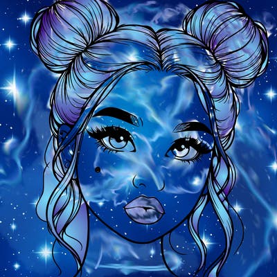 realistic girl with two buns on her hair and lips