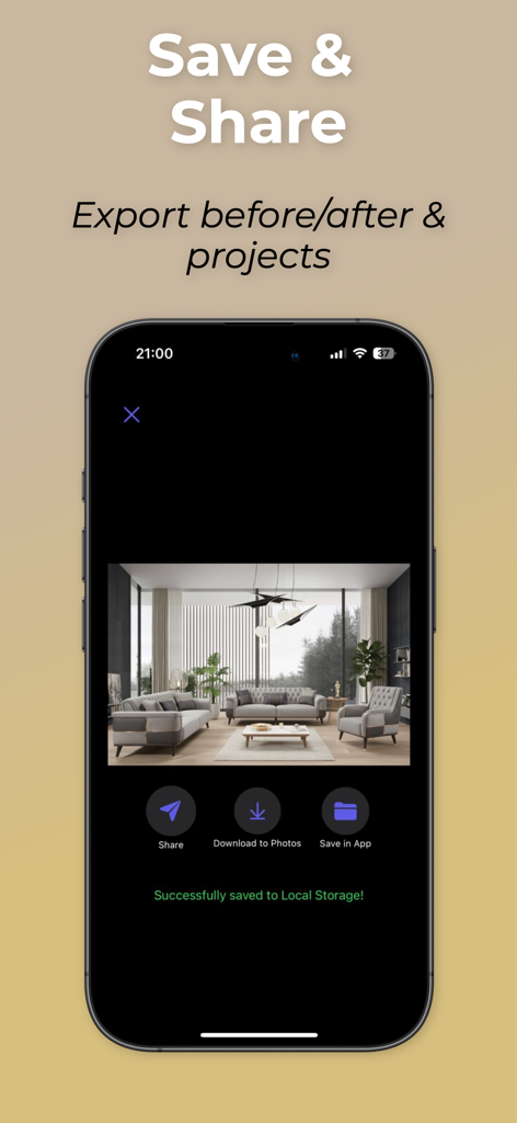 Remodel AI: Room Planner - Tela móvel mostrando opções de exportação de design de sala, incluindo compartilhar e baixar.