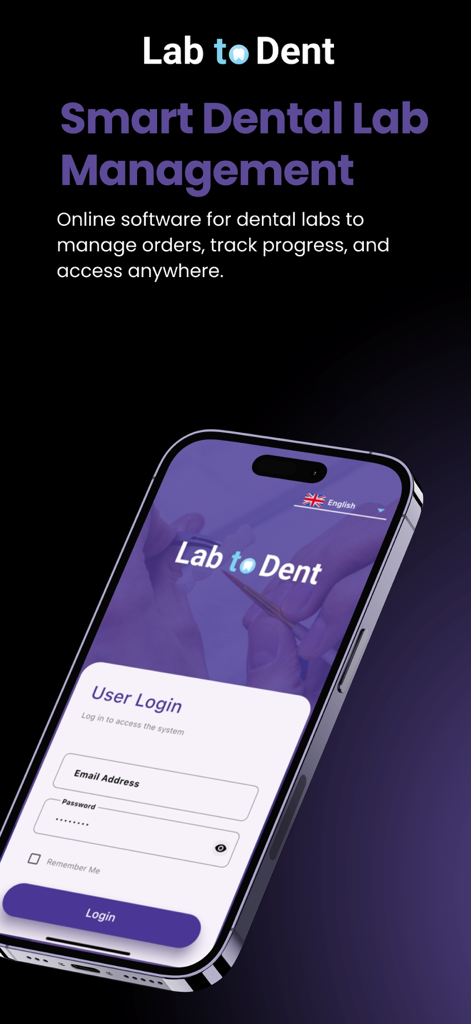 Lab to Dent - Tela de login para o software de gerenciamento de laboratório dentário inteligente Lab to Dent em um telefone celular
