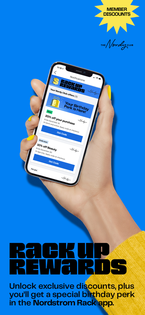 Nordstrom Rack: Shop Deals - Hand holding a phone with Nordstrom Rack app rewards and discounts