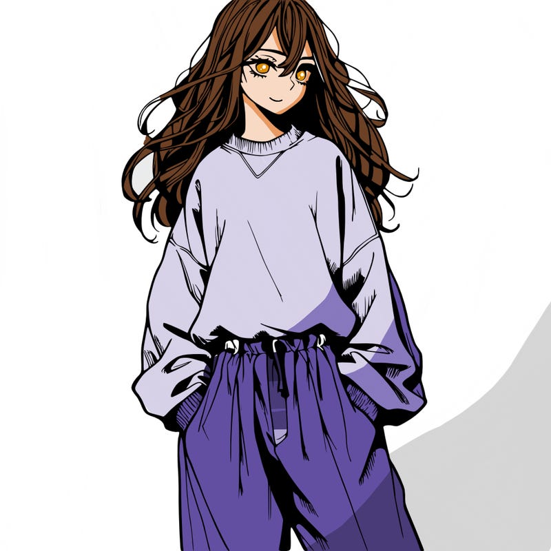 a realistic manga girl with a sweatshirt and wide pants