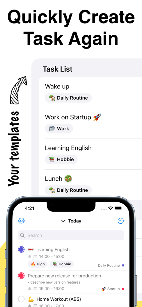To-Do List & Tasks for Notion - Interfaz de aplicación móvil que muestra plantillas de tareas y una lista de tareas pendientes diaria para Notion.