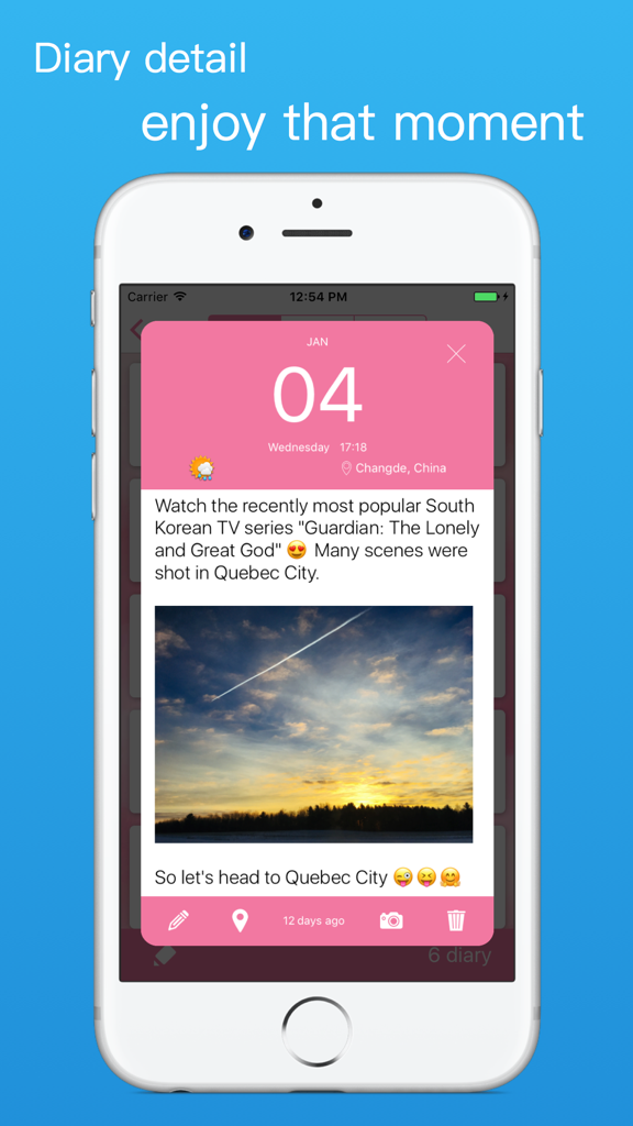 A detailed diary entry in the My Diary app showing a sunset photo, text, date, and weather on a pink and white interface.