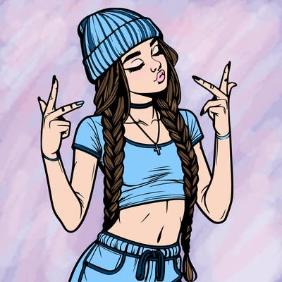 realistic teenage girl with braids and a beanie and crop top doing 🫶🏼