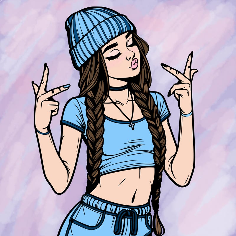 realistic teenage girl with braids and a beanie and crop top doing 🫶🏼