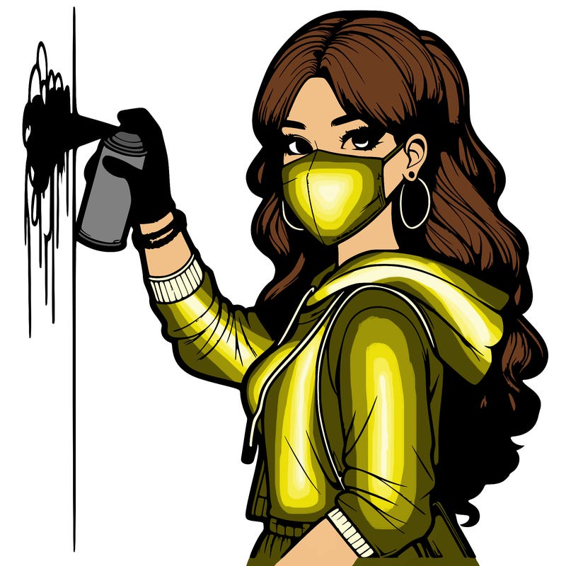 realistic girl with mask spray painting a wall