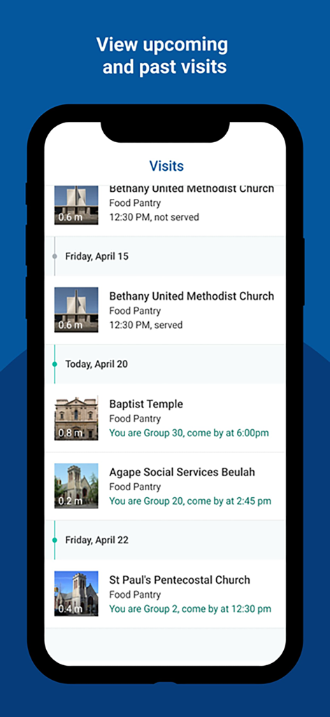 Plentiful app screen displaying a list of scheduled and previous food pantry visits