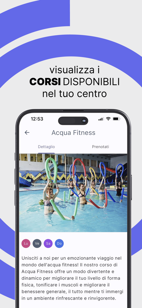 MooPlan - MooPlan app screen showing details for an Acqua Fitness class with a group exercise photo and course description