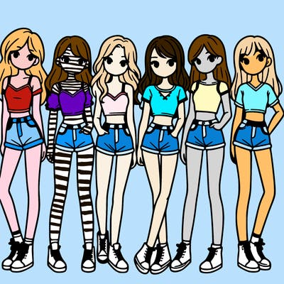 a group of girls wearing crop tops and shorts