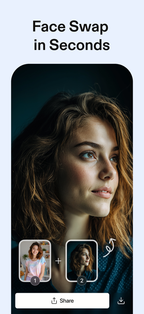 MyShell Al・AI Photo & Video - Interfaz de la app MyShell AI demostrando la función de intercambio de rostros para crear un retrato de alta calidad a partir de dos fotos fuente.