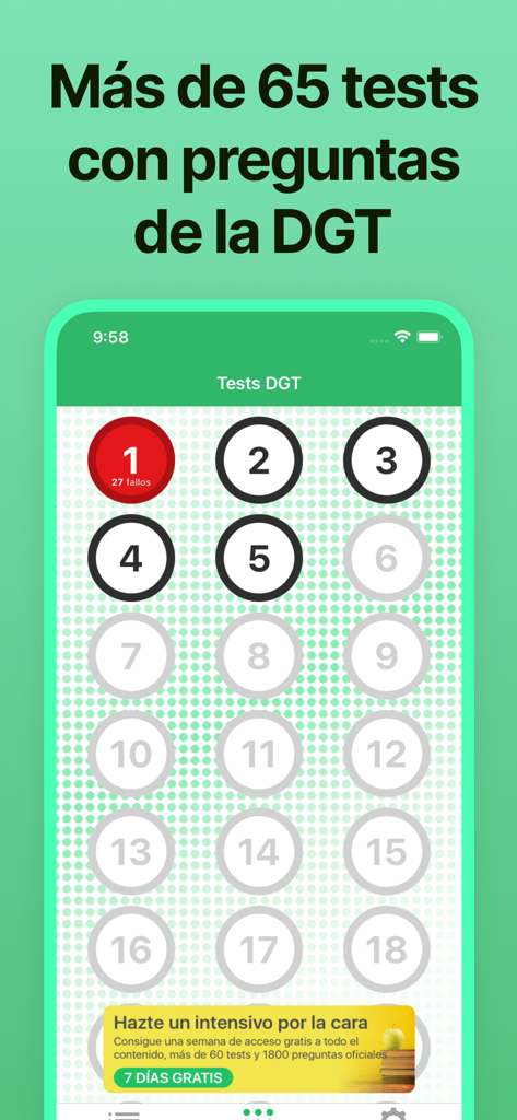 TEST DGT examen autoescuela - Screenshot of the TEST DGT app showing a grid of numbered practice driving tests with progress indicators