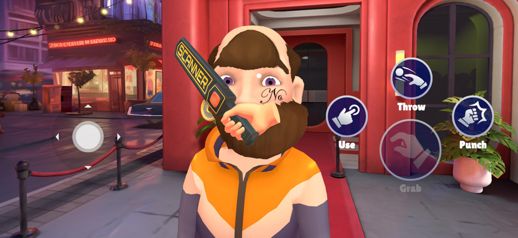 A security bouncer scanning a guest with a handheld metal detector at a nightclub entrance in the I Am Security game.