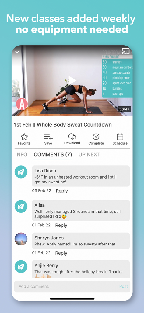 A smartphone screen displaying a workout video by Amanda Bisk and a community comments section within the Fresh Body Fit Mind app.