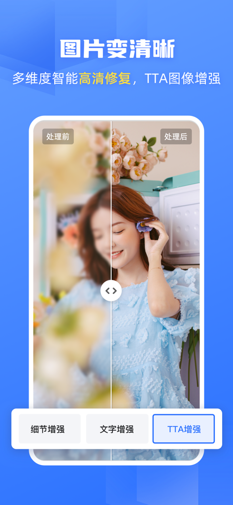 抠图软件-酷雀抠图&智能证件照制作改尺寸换背景&清晰度修复 - Comparaison avant/après d'un portrait flou amélioré en haute définition avec l'IA