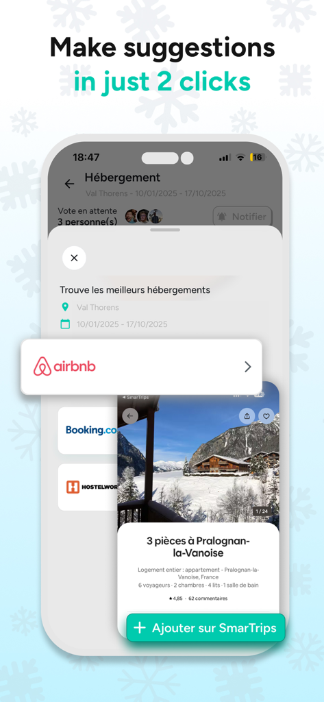 SmarTrips app screen showing accommodation suggestions from Airbnb and Booking.com for group trip planning.