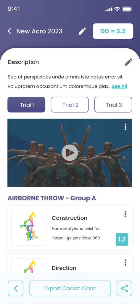 Fishtail App - Fishtail App screen displaying an artistic swimming acrobatic routine difficulty calculation with video and technical element breakdown