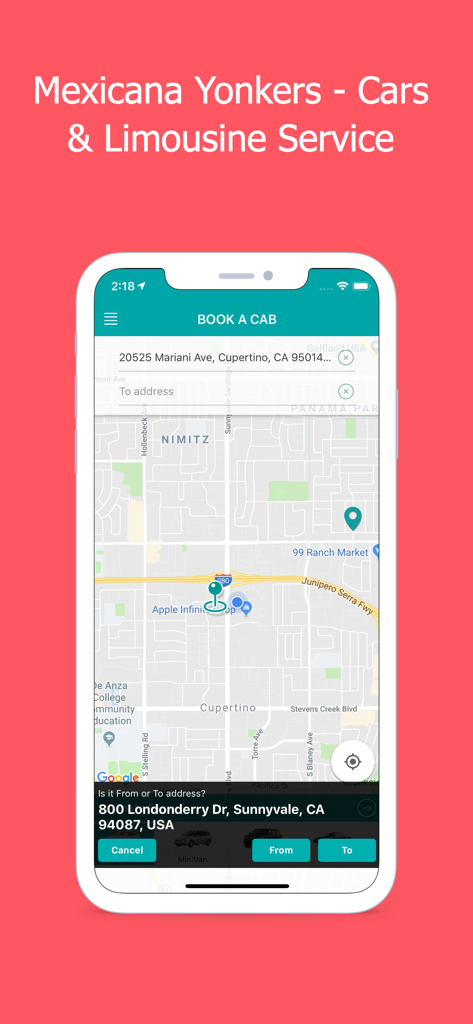 Mexicana Car Service Yonkers - Mexicana Car Service Yonkers app showing the book a cab screen with a map