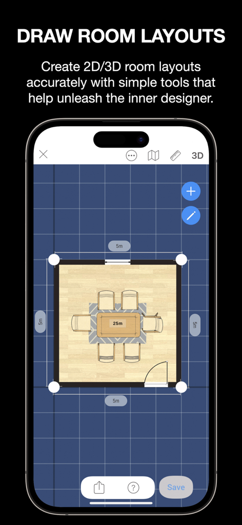 ARki: Building + Room Planner - Un diseño de plano de planta 2D en la aplicación ARki que muestra una configuración de comedor con una mesa y seis sillas sobre un fondo de cuadrícula