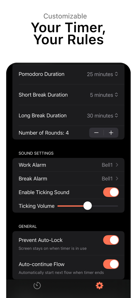 Pomodoro Timer : Study & Work - Customizable settings interface for Time Tango Pomodoro timer showing durations and sound options.