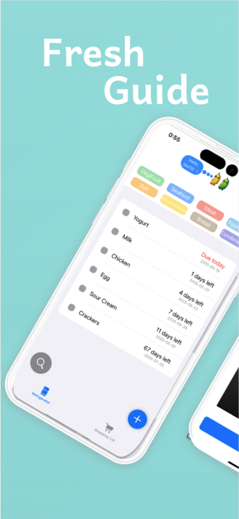 Fresh Guide - Fresh Guide mobile app screen displaying a refrigerator inventory with countdowns for food expiration dates