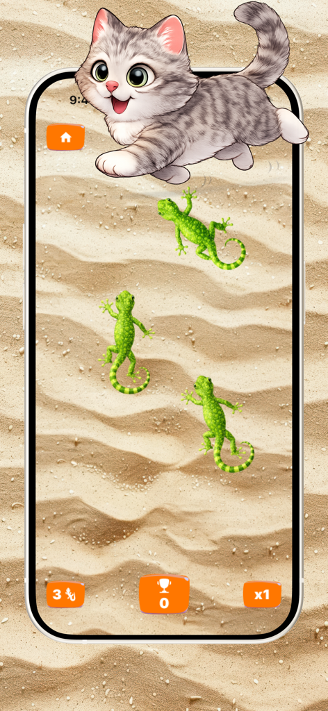 Cat Games - Fish & Mouse - Interactive lizard catching game for cats with green geckos on a sandy background