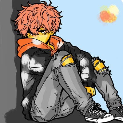 a male hoddie ripped jeans messy hair anime