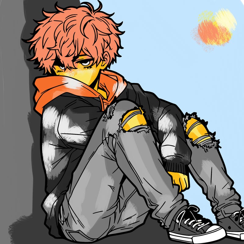 a male hoddie ripped jeans messy hair anime