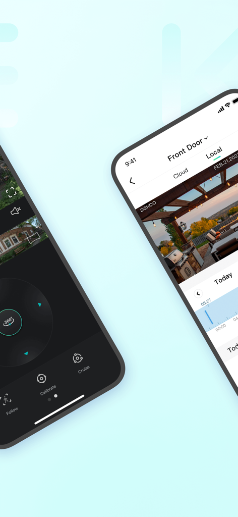 Interfaz de la aplicación Dekco para monitorear cámaras de seguridad del hogar con video en vivo y controles remotos.