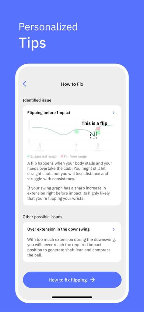 HackMotion Golf - HackMotion Golf app interface showing personalized swing tips and a wrist data graph to fix flipping before impact