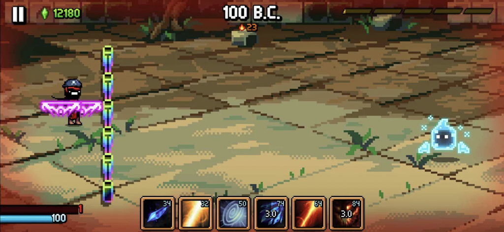 Pixel art combat scene from Days Bygone Castle Defense with UI spell icons