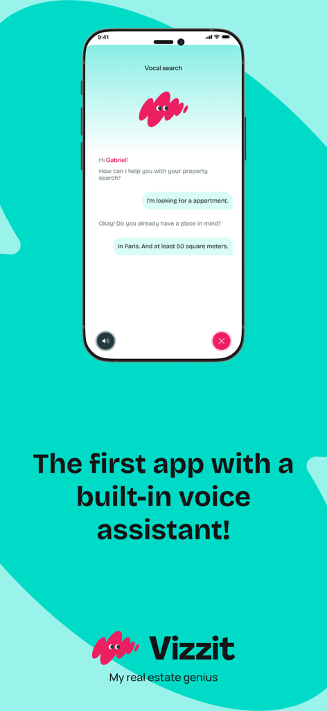 Vizzit - achat location - Vizzit mobile app interface showing a conversational voice assistant for real estate property searches.