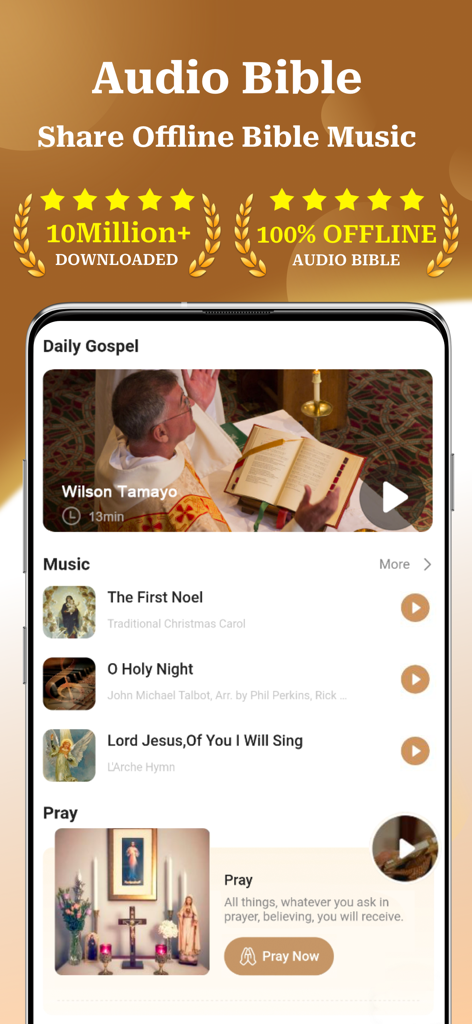 Aleluya: Holy Bible Offline - Interfaz de la aplicación Biblia Católica Aleluya mostrando videos del evangelio diario y música religiosa sin conexión