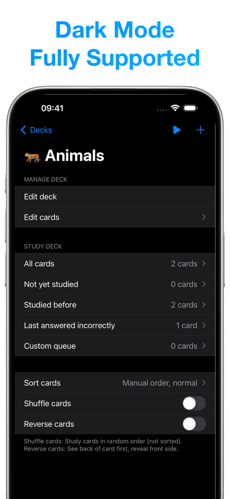 Amazing Flash Cards - デッキ管理オプションを示す、ダークモードのAmazing Flash Cardsアプリインターフェース。