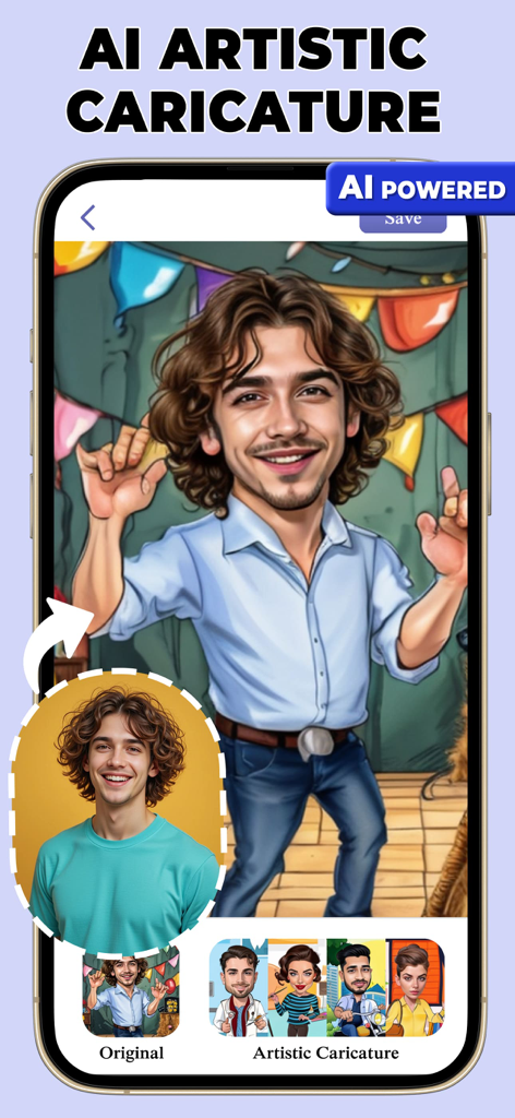 Photo To Caricature Maker - 写真から作成された男性のAI生成芸術的な似顔絵を表示するスマートフォンの画面