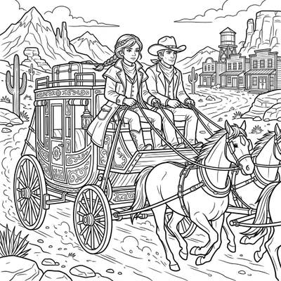 Saddle up for an exciting artistic journey with our Stagecoach Drivers coloring page, specially designed for teens. This intricate Wild West scene offers a thrilling adventure to bring to life with your favorite colors.