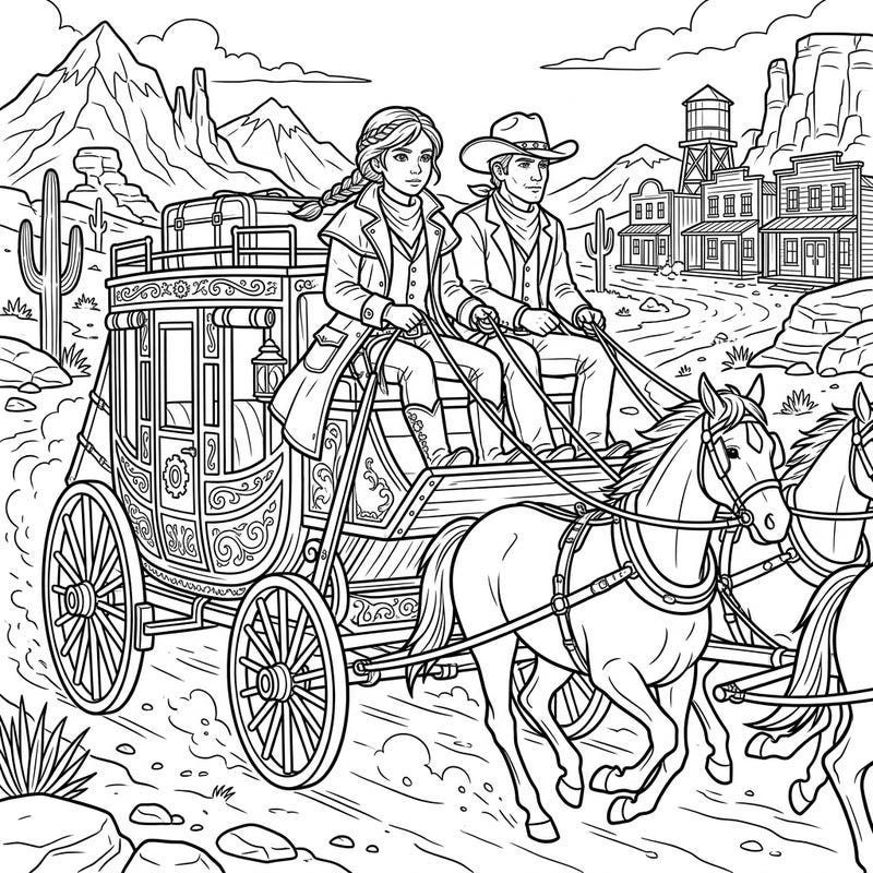 Saddle up for an exciting artistic journey with our Stagecoach Drivers coloring page, specially designed for teens. This intricate Wild West scene offers a thrilling adventure to bring to life with your favorite colors.