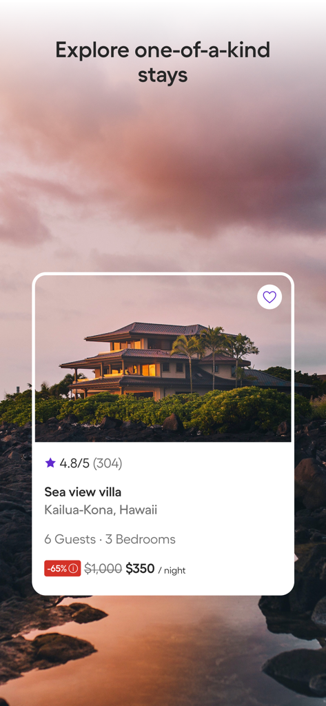 Vacation Rentals - HomeToGo - HomeToGo app screen showing a sea view villa in Hawaii with a 65 percent price discount and high user ratings
