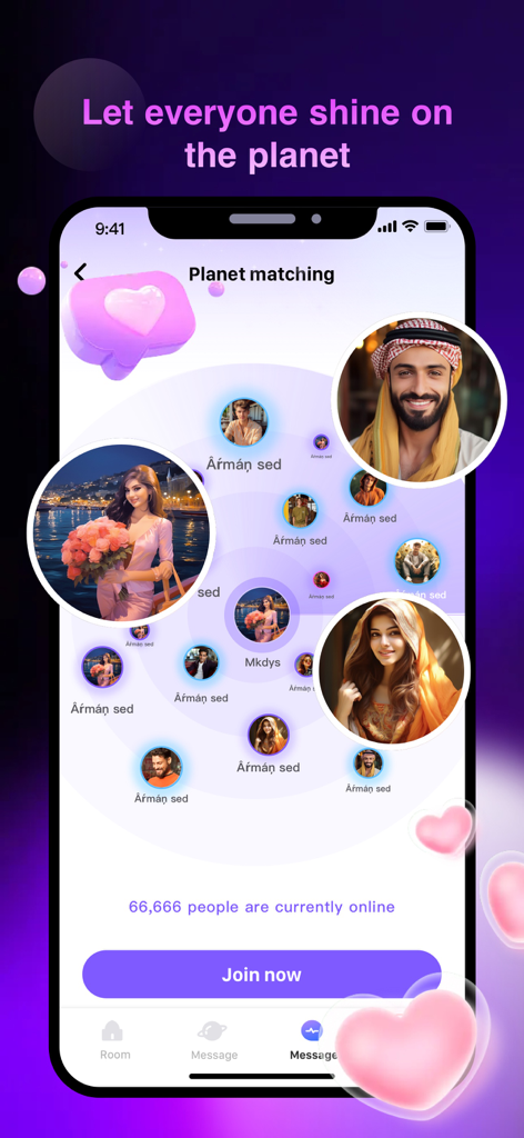 Boli app planet matching screen with user profile bubbles