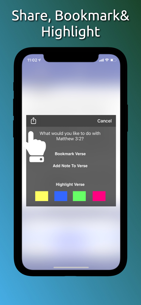 Touch Bible: Read, Study & Go - Interfaz de la aplicación Touch Bible que muestra opciones para marcar, agregar notas y resaltar versículos con diferentes colores.