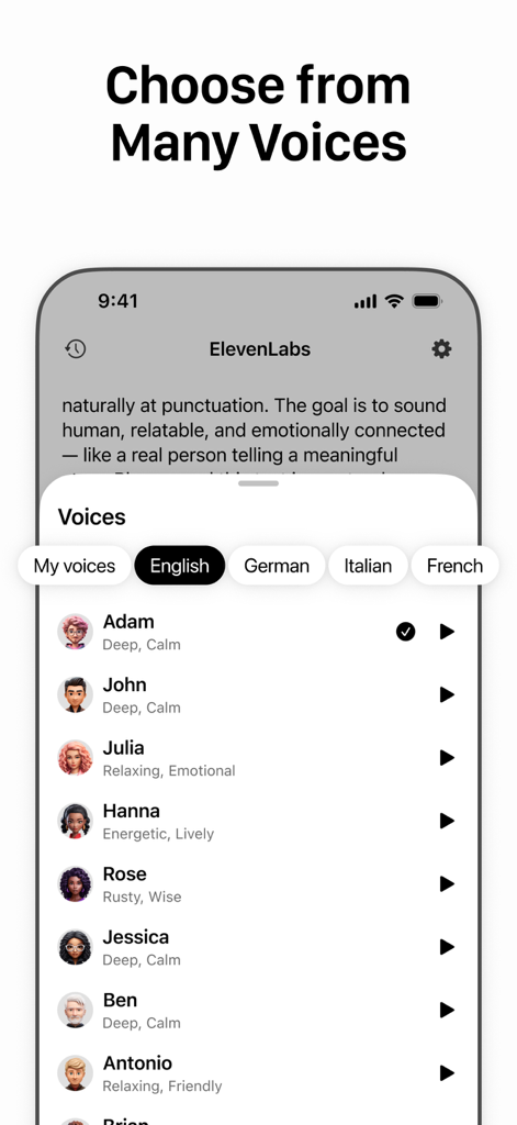 A menu in the ElevenLabs AI app showing a list of different lifelike voices with language options for English, German, Italian, and French.